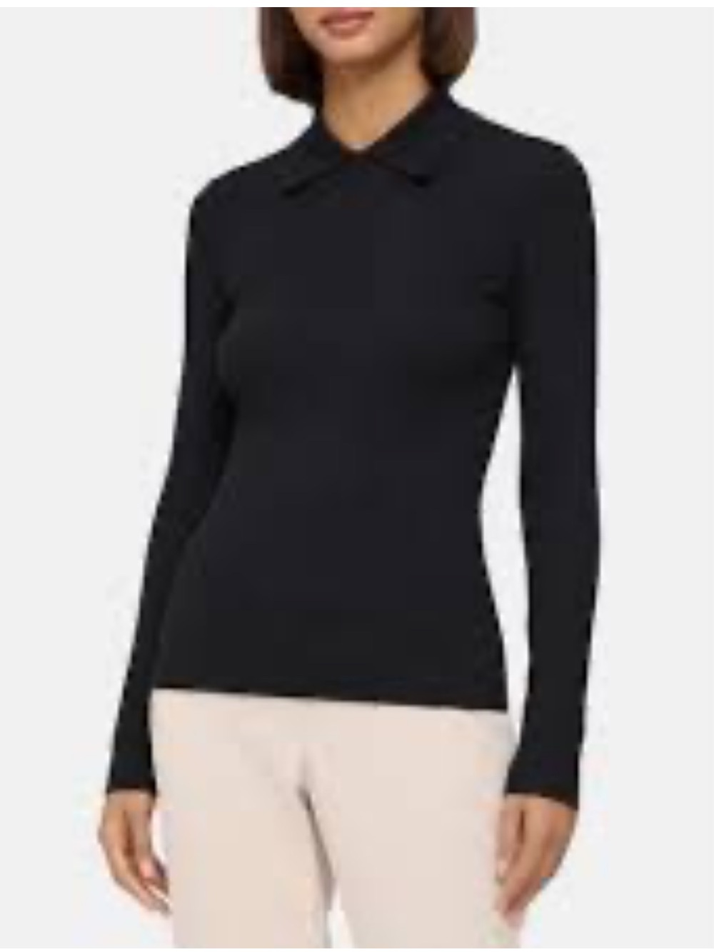 Theory Black Ribbed Collar Empire Wool Crewneck Polo Sweater